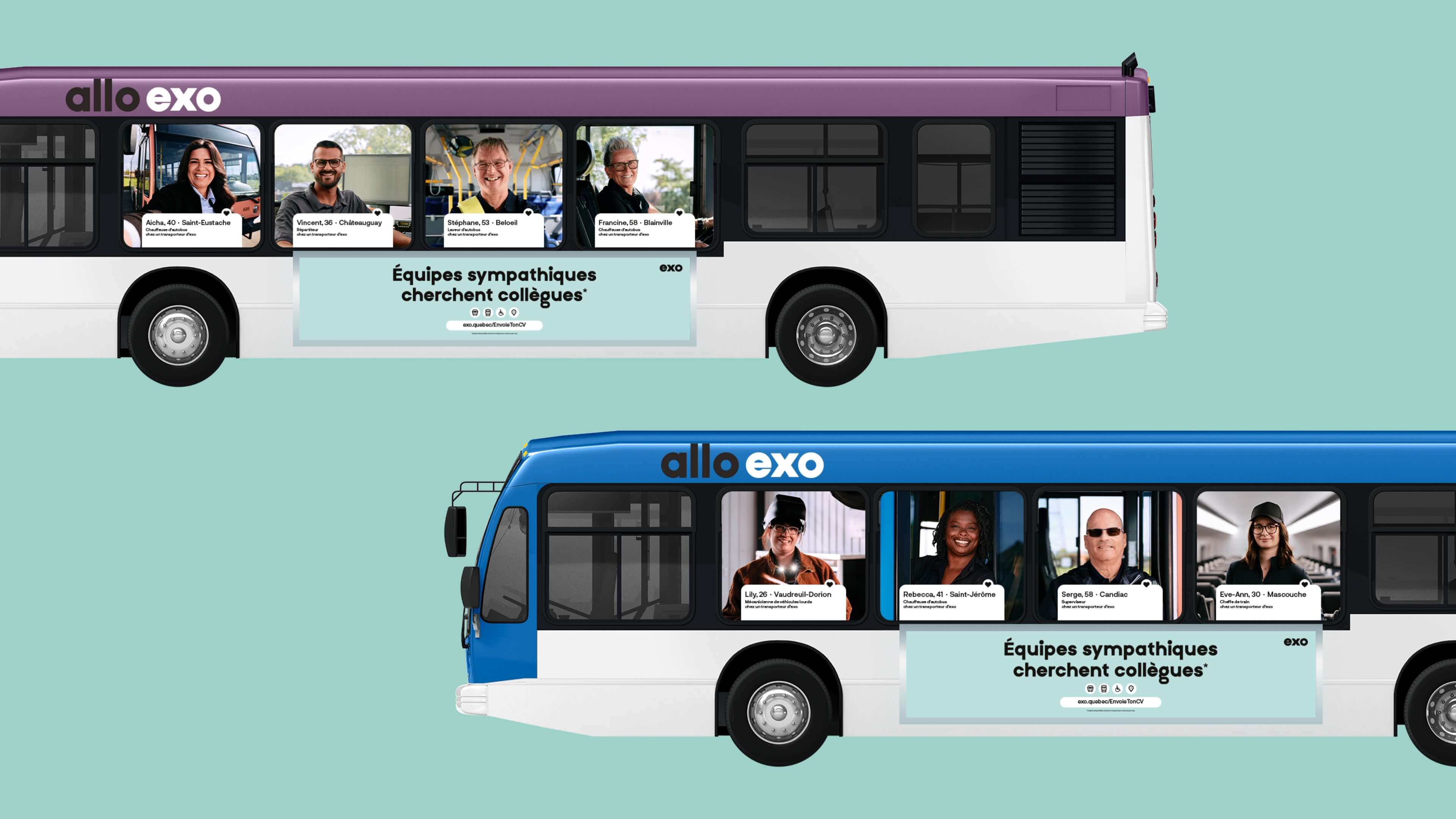 Deux autobus exo avec publicité de recrutement d'employés